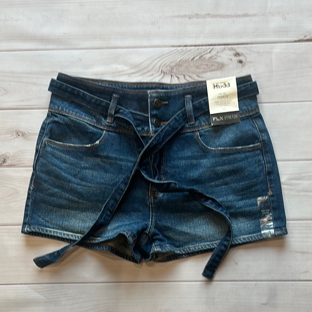 Mudd Women's High Rise Shortie Denim Shorts with Tie Waist Accent Size 11